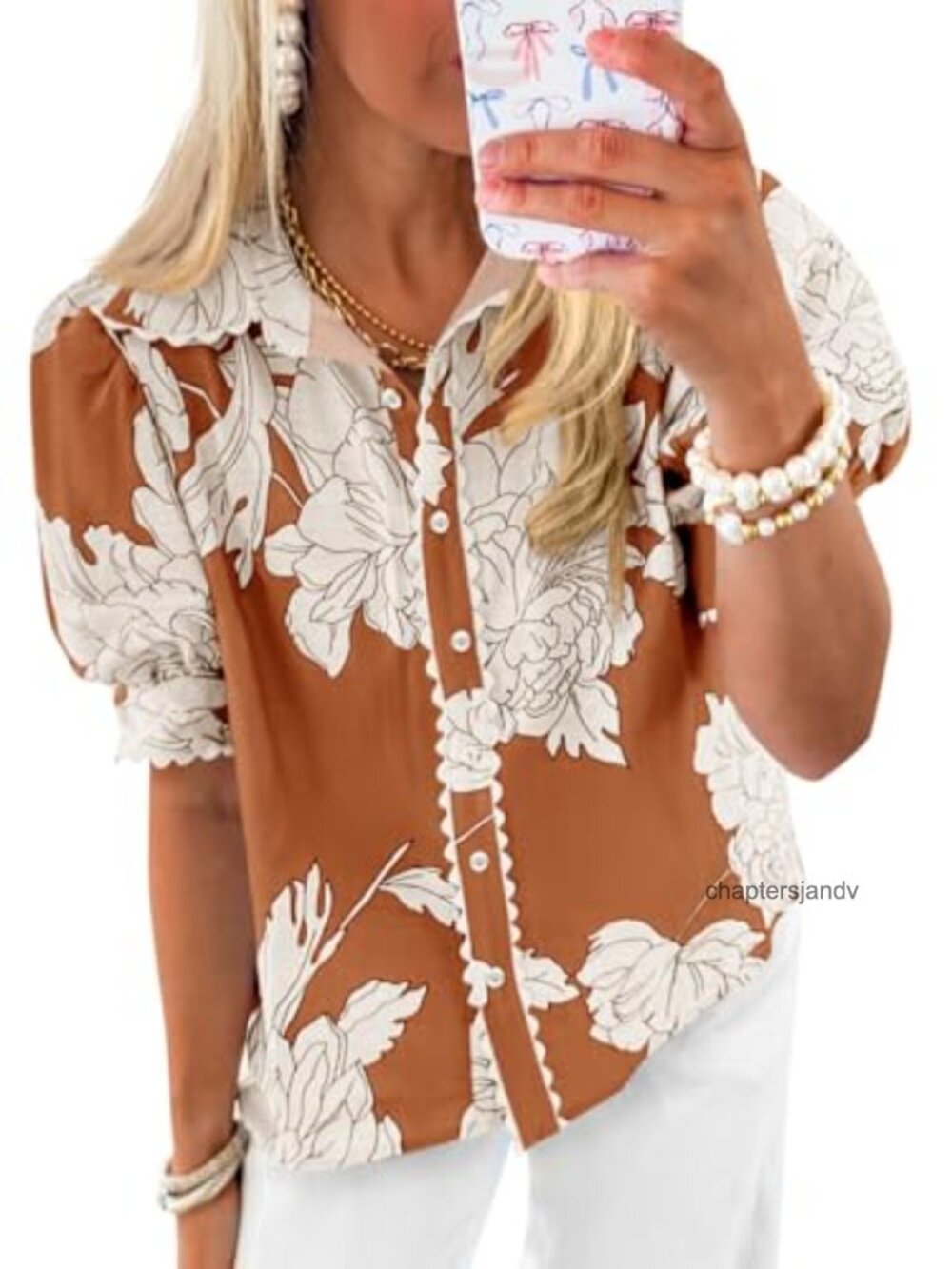 Women's Boho Floral Puff Sleeve Button Down Blouse Summer